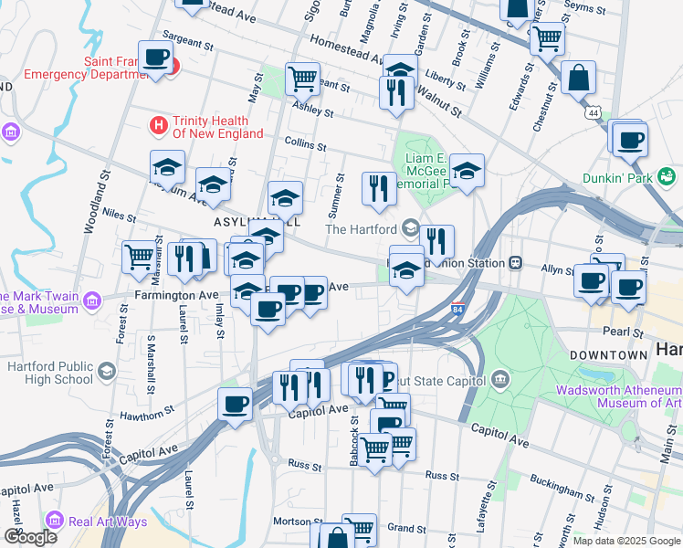 map of restaurants, bars, coffee shops, grocery stores, and more near 765 Asylum Avenue in Hartford