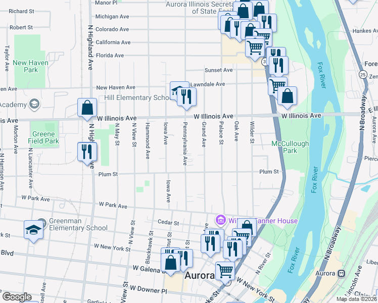 map of restaurants, bars, coffee shops, grocery stores, and more near 537 Pennsylvania Avenue in Aurora