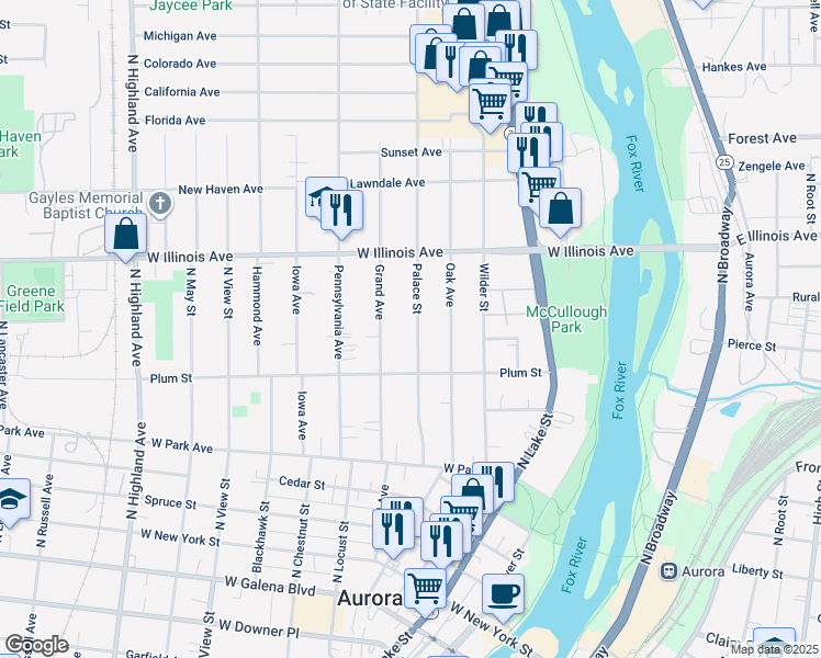map of restaurants, bars, coffee shops, grocery stores, and more near 606 Palace Street in Aurora