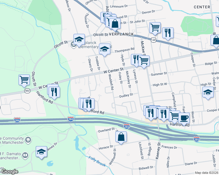map of restaurants, bars, coffee shops, grocery stores, and more near 8 Pioneer Circle in Manchester