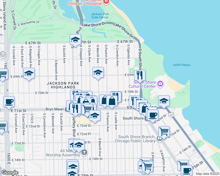 map of restaurants, bars, coffee shops, grocery stores, and more near 6917 South Paxton Avenue in Chicago