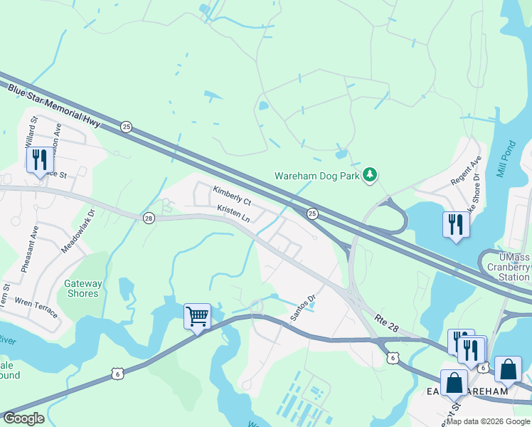 map of restaurants, bars, coffee shops, grocery stores, and more near 74 Kimberly Court in Wareham