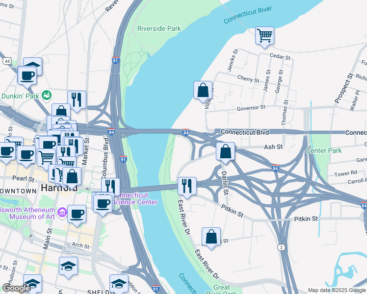 map of restaurants, bars, coffee shops, grocery stores, and more near 99 East River Drive in East Hartford