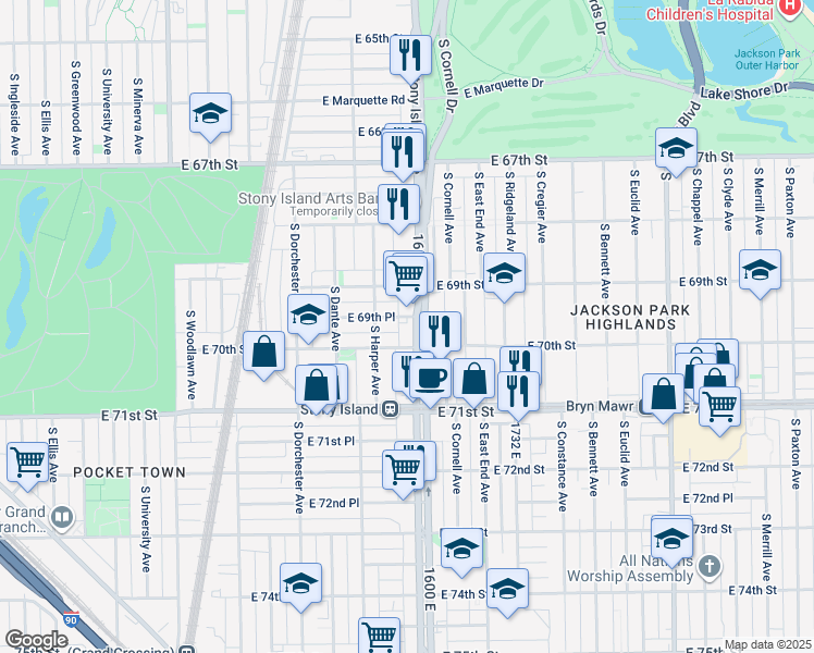 map of restaurants, bars, coffee shops, grocery stores, and more near 6942 South Stony Island Avenue in Chicago