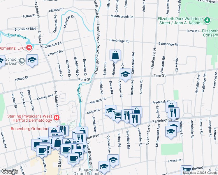 map of restaurants, bars, coffee shops, grocery stores, and more near 153 Dover Road in West Hartford