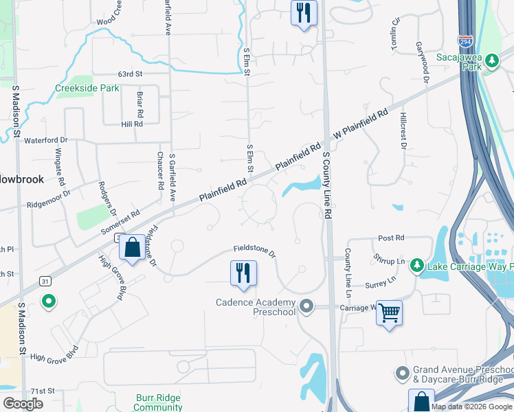 map of restaurants, bars, coffee shops, grocery stores, and more near 204 Kenmare Drive in Burr Ridge