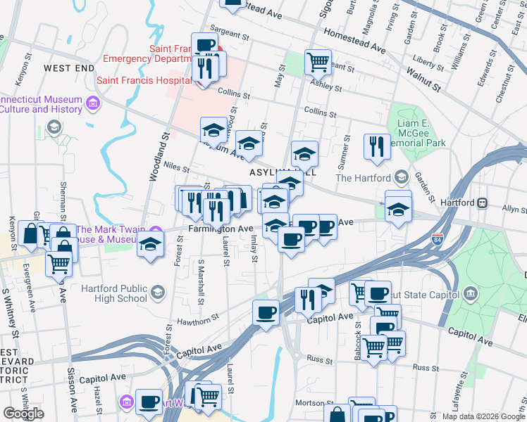 map of restaurants, bars, coffee shops, grocery stores, and more near 17 Niles Street in Hartford
