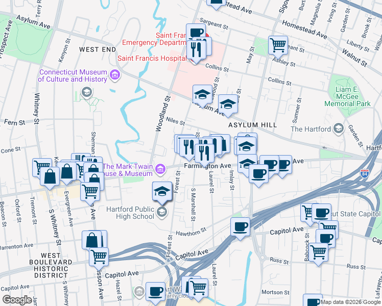 map of restaurants, bars, coffee shops, grocery stores, and more near 17 Marshall Street in Hartford