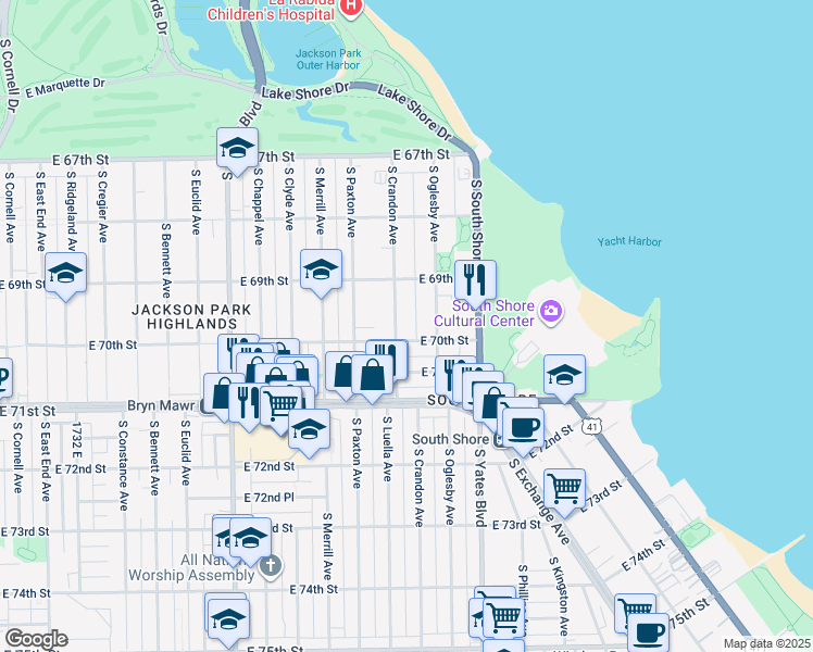 map of restaurants, bars, coffee shops, grocery stores, and more near 6928 South Crandon Avenue in Chicago
