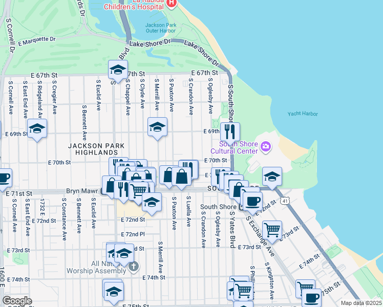 map of restaurants, bars, coffee shops, grocery stores, and more near 6928 South Crandon Avenue in Chicago