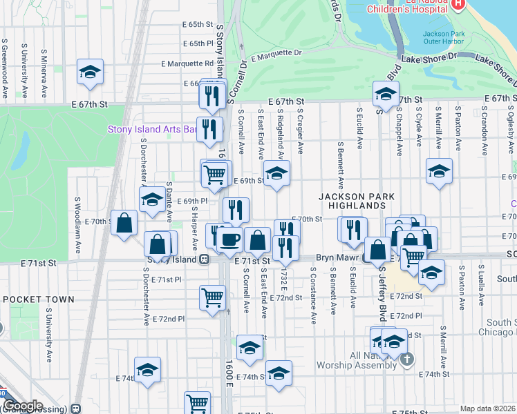 map of restaurants, bars, coffee shops, grocery stores, and more near 6938 South East End Avenue in Chicago