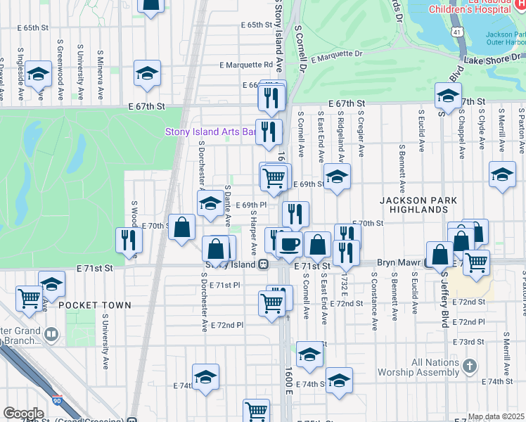 map of restaurants, bars, coffee shops, grocery stores, and more near 1500 East 69th Place in Chicago