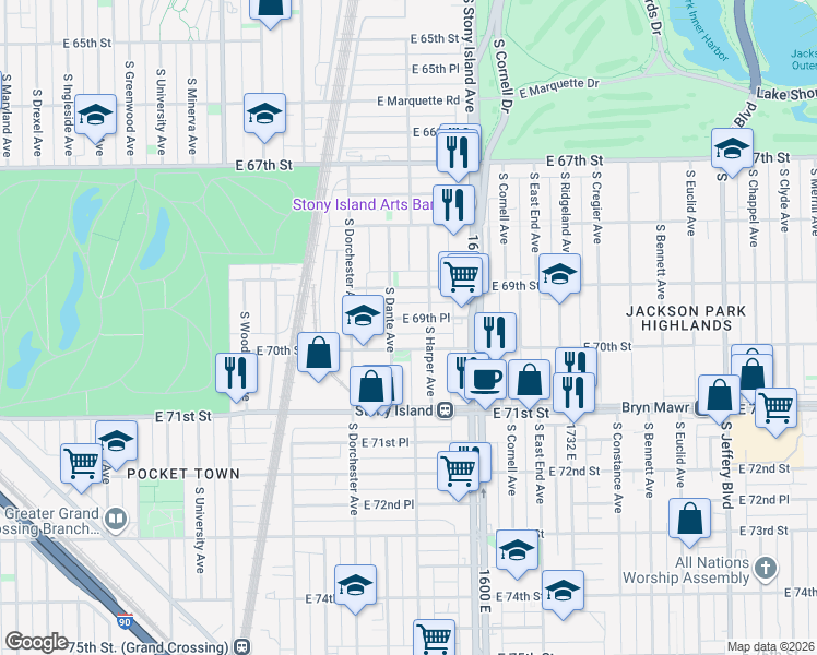 map of restaurants, bars, coffee shops, grocery stores, and more near 6923 South Dante Avenue in Chicago