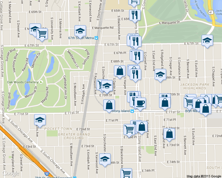 map of restaurants, bars, coffee shops, grocery stores, and more near 6923 South Dante Avenue in Chicago