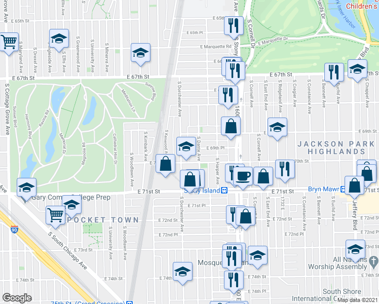 map of restaurants, bars, coffee shops, grocery stores, and more near 6925 South Dorchester Avenue in Chicago