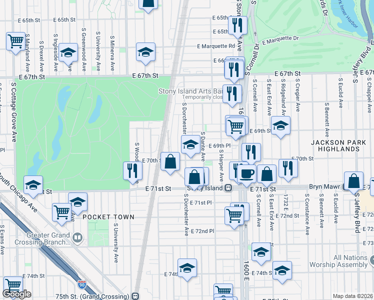 map of restaurants, bars, coffee shops, grocery stores, and more near 6925 South Dorchester Avenue in Chicago