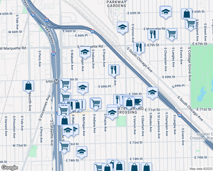 map of restaurants, bars, coffee shops, grocery stores, and more near 315 East 69th Street in Chicago