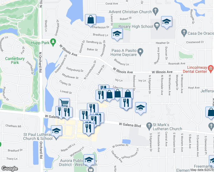 map of restaurants, bars, coffee shops, grocery stores, and more near 2080 Lilac Lane in Aurora