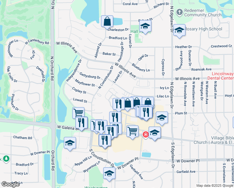 map of restaurants, bars, coffee shops, grocery stores, and more near 2080 Lilac Lane in Aurora