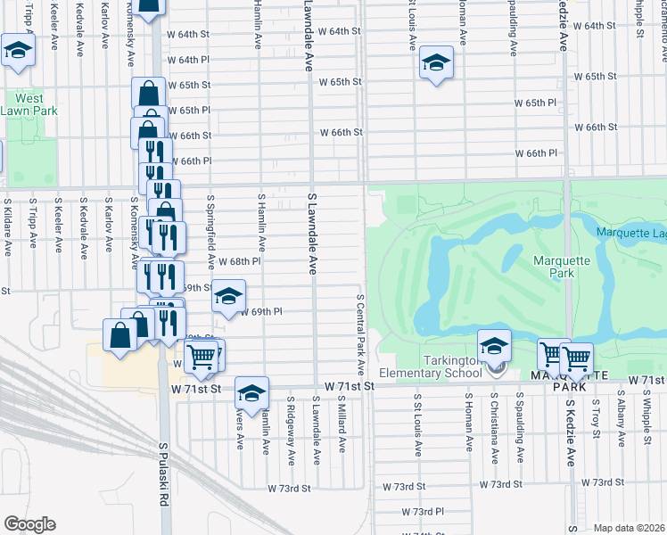 map of restaurants, bars, coffee shops, grocery stores, and more near 3626 West 68th Place in Chicago