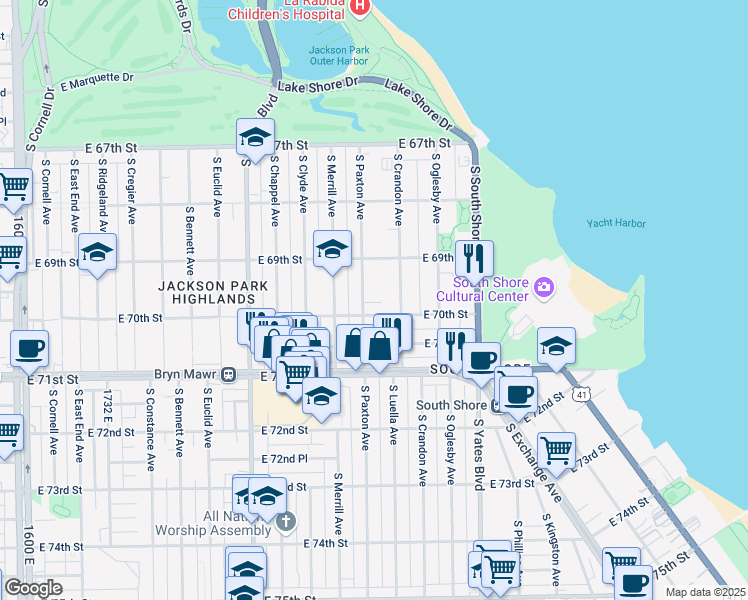 map of restaurants, bars, coffee shops, grocery stores, and more near 6917 South Paxton Avenue in Chicago