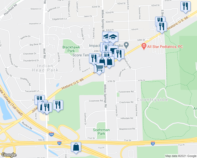 map of restaurants, bars, coffee shops, grocery stores, and more near 6704 Joliet Road in Countryside