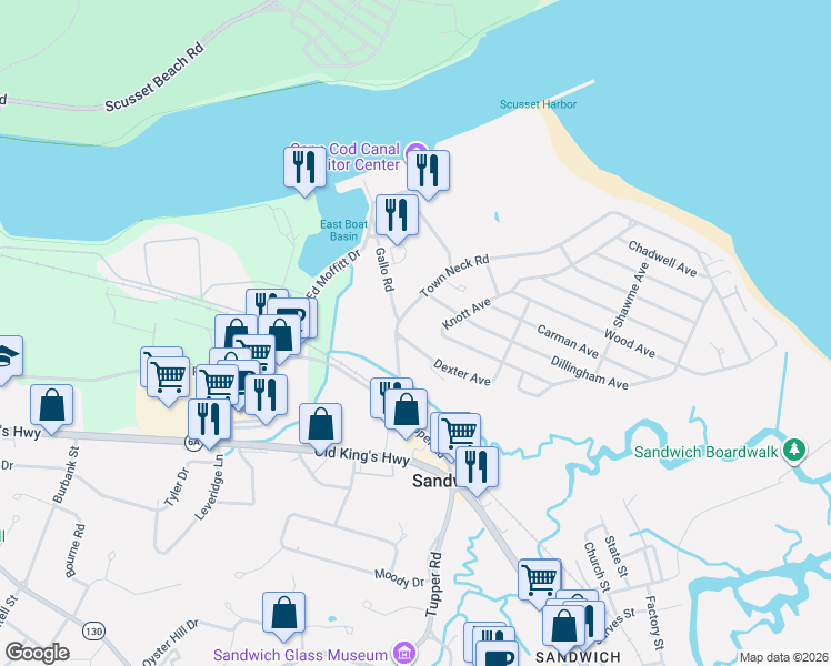 map of restaurants, bars, coffee shops, grocery stores, and more near 1 Dexter Avenue in Sandwich
