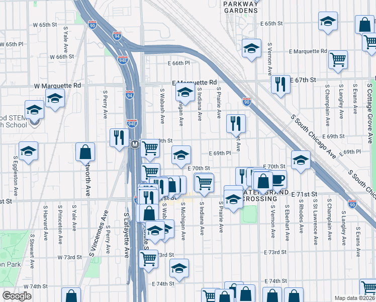map of restaurants, bars, coffee shops, grocery stores, and more near 115 East 69th Street in Chicago