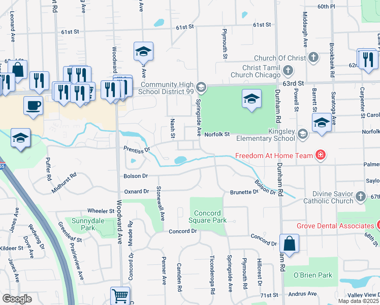map of restaurants, bars, coffee shops, grocery stores, and more near 1739 Prentiss Drive in Downers Grove