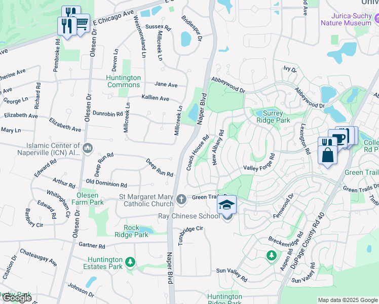 map of restaurants, bars, coffee shops, grocery stores, and more near 6448 Coach House Road in Lisle