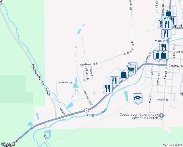 map of restaurants, bars, coffee shops, grocery stores, and more near 27 Upper Lane in Coudersport