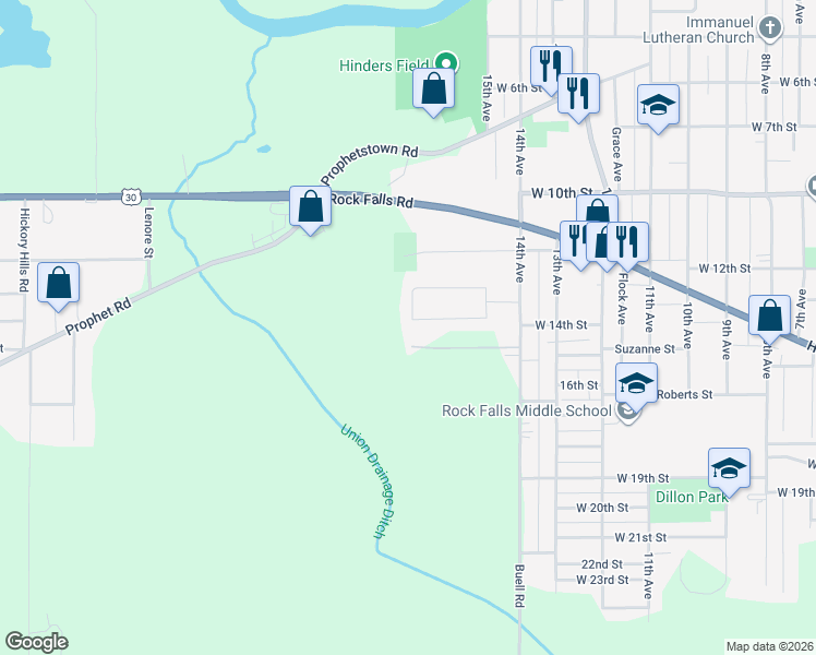 map of restaurants, bars, coffee shops, grocery stores, and more near 1506 Sunset Lane in Rock Falls