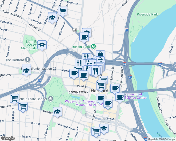 map of restaurants, bars, coffee shops, grocery stores, and more near 280 Trumbull Street in Hartford
