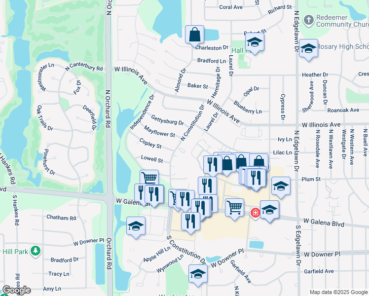 map of restaurants, bars, coffee shops, grocery stores, and more near 2075 Constitution Court in Aurora