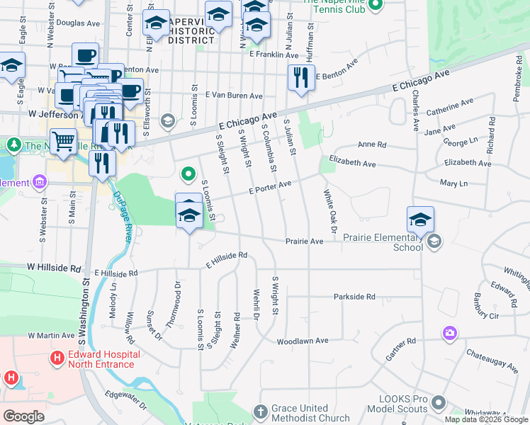 map of restaurants, bars, coffee shops, grocery stores, and more near 420 South Wright Street in Naperville