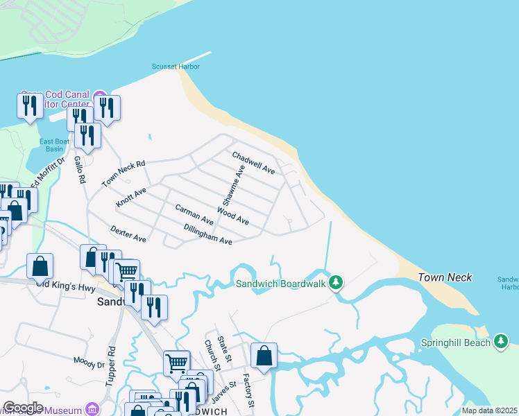 map of restaurants, bars, coffee shops, grocery stores, and more near 59 Tupper Avenue in Sandwich