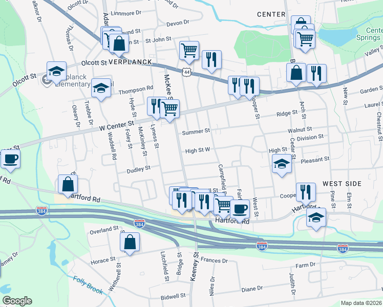 map of restaurants, bars, coffee shops, grocery stores, and more near 249 High Street in Manchester