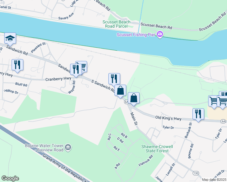 map of restaurants, bars, coffee shops, grocery stores, and more near 1105 Sandwich Road in Bourne