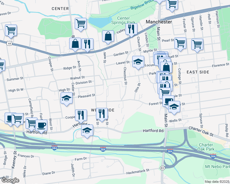map of restaurants, bars, coffee shops, grocery stores, and more near 91 Elm Street in Manchester