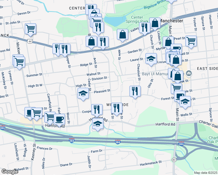 map of restaurants, bars, coffee shops, grocery stores, and more near 36 High Street in Manchester