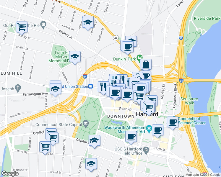 map of restaurants, bars, coffee shops, grocery stores, and more near 285 Church Street in Hartford