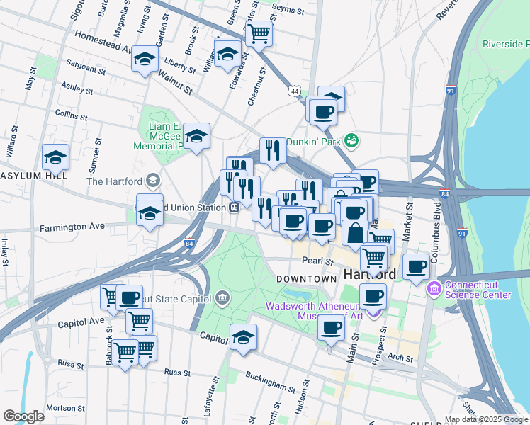 map of restaurants, bars, coffee shops, grocery stores, and more near in Hartford