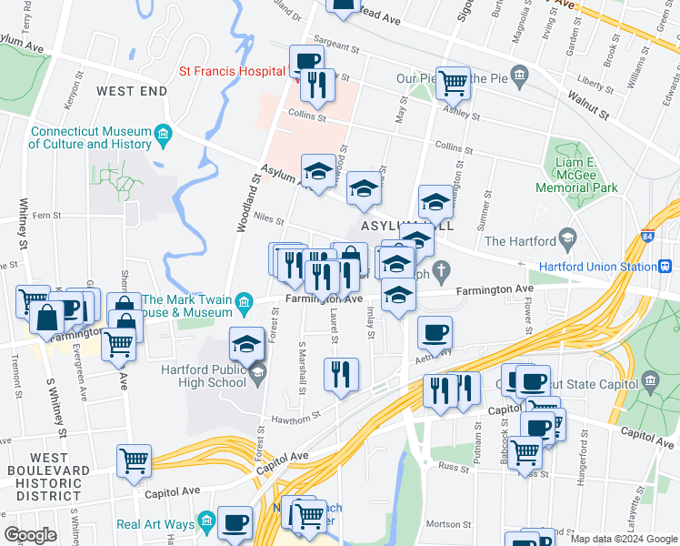 map of restaurants, bars, coffee shops, grocery stores, and more near 341 Laurel Street in Hartford