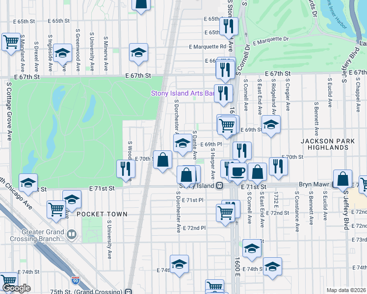 map of restaurants, bars, coffee shops, grocery stores, and more near 6925 South Dorchester Avenue in Chicago