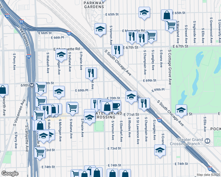 map of restaurants, bars, coffee shops, grocery stores, and more near 6909 South King Drive in Chicago
