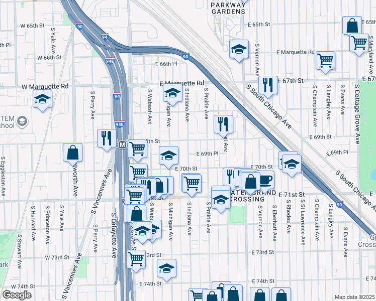map of restaurants, bars, coffee shops, grocery stores, and more near 215 East 69th Street in Chicago