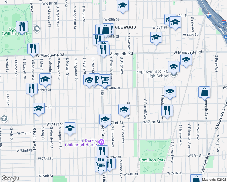 map of restaurants, bars, coffee shops, grocery stores, and more near 750 West 69th Street in Chicago