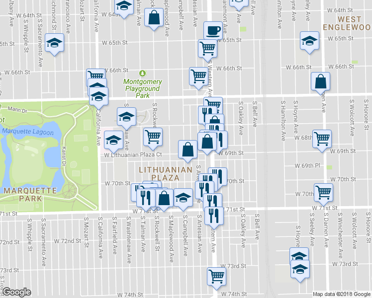 map of restaurants, bars, coffee shops, grocery stores, and more near 6837 South Campbell Avenue in Chicago