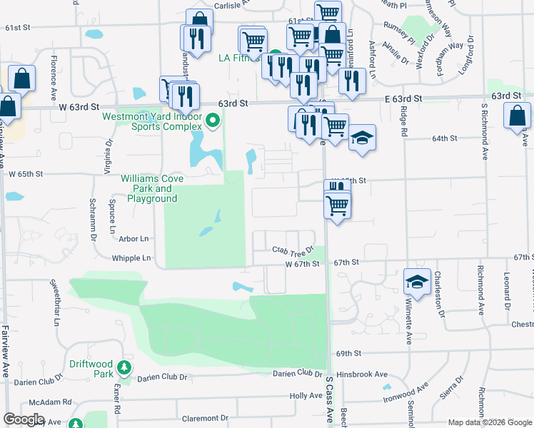 map of restaurants, bars, coffee shops, grocery stores, and more near 112 West 66th Street in Westmont