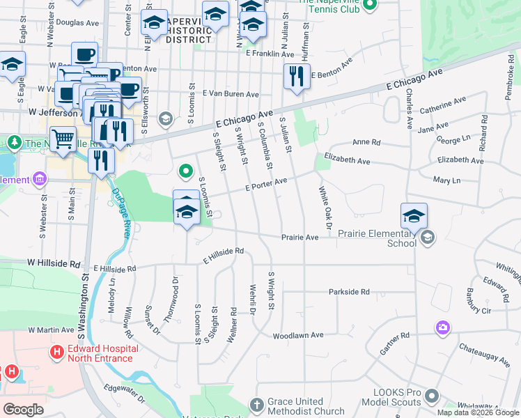 map of restaurants, bars, coffee shops, grocery stores, and more near 420 South Wright Street in Naperville
